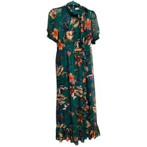 Green Floral Butterflies Mock Neck Sheer Short Sleeve Ruffle Maxi Dress Small